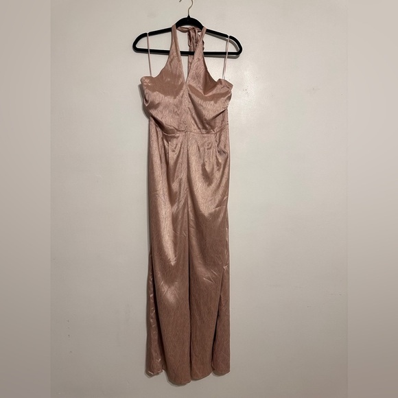 Anthro Du Paradis Cross-Neck Wide Leg Halter Champagne Satin Jumpsuit Sz L - Picture 4 of 10